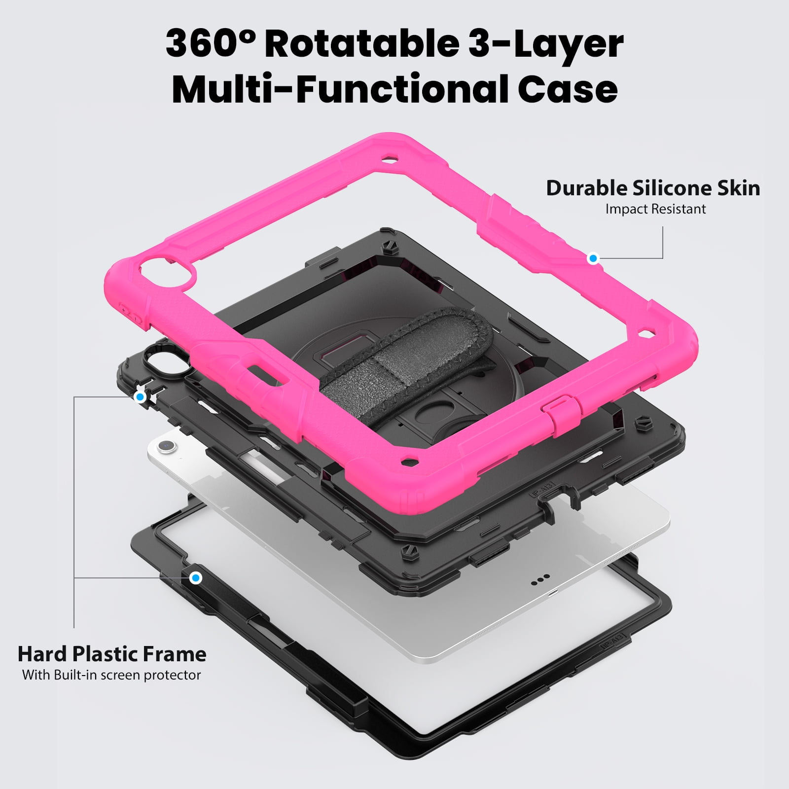 Allytechgroup iPad Pro 13 2024 Case with Screen Protector / Shoulder Strap/ Pencil Holder, Heavy Duty Shockproof Rugged Handle Kickstand Bumper Case Cover for Apple iPad Pro 13 Inch 2024 M4,Rose
