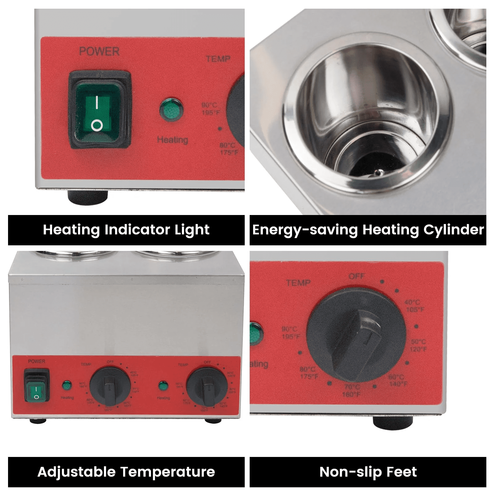 Hakka Triple Bottle Sauce and Cheese Warmer, 3 Well Stainless Steel, 600W, Adjustable Temperature 105-195F, 110V