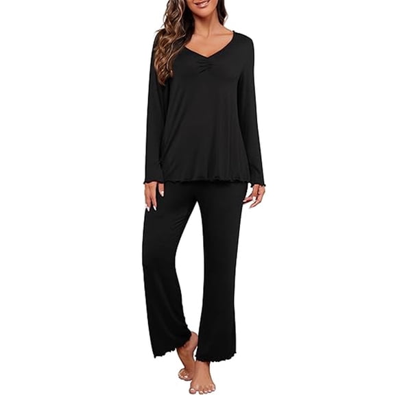 MecTo Soft Women Pajamas Long Sleeve Sleep Top and Straight Leg Pajama Pant Set, 2-Piece PJs, Size S-XL