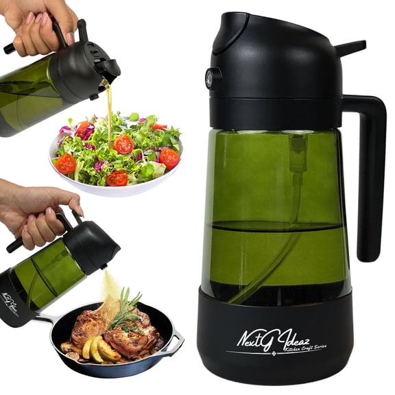 NextG Ideaz 2 In 1 Cooking Oil Sprayer and Pourer, Non-Drip Spout, 16oz/470ml (Black Cap, Green Bottle), with Silicone-Encased Base