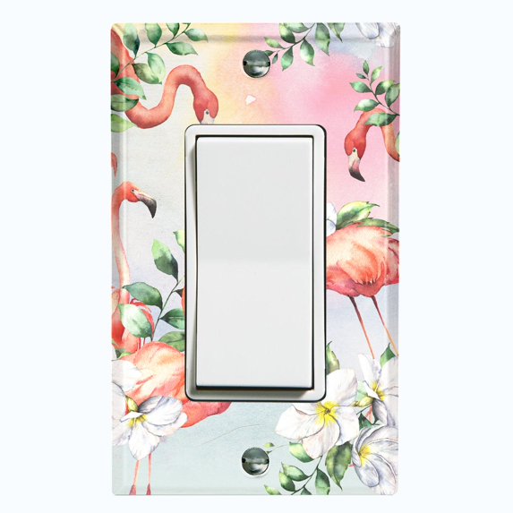 Metal Light Switch Plate Outlet Cover Tropical Pink Flamingo Flowers Rainbow FGO003