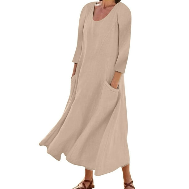 Vestido boho de manga 3/4 y cuello redondo con bolsillos para mujer - Color liso, corte holgado, vestido veraniego informal con estampado floral