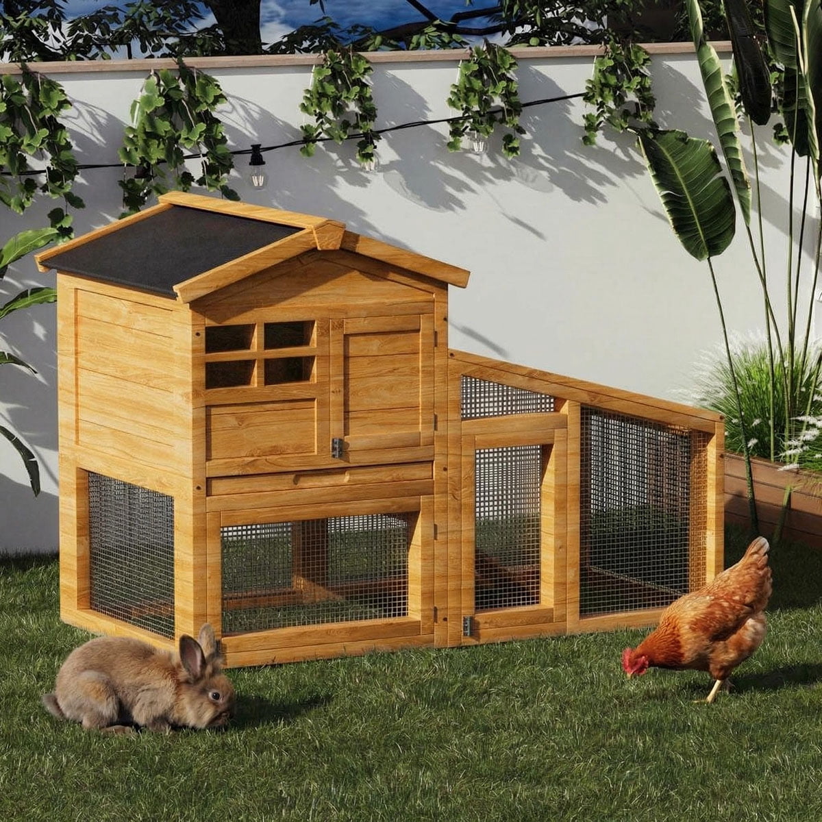 Ataucjin 2-Tier Wooden Rabbit Hutch Cage,Indoor Outdoor Pet House with Anti-Chew Metal Ramp, Removable Leak-Proof Tray, Ventilated Wire Netting, Spacious Catwalk for Small Animals