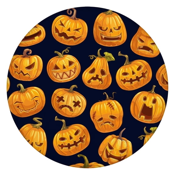 Halloween Elastic Edge Tablecloth for Round Table 52 Inch - Pumpkin Design Washable Fitted Spooky Dining Table Cover