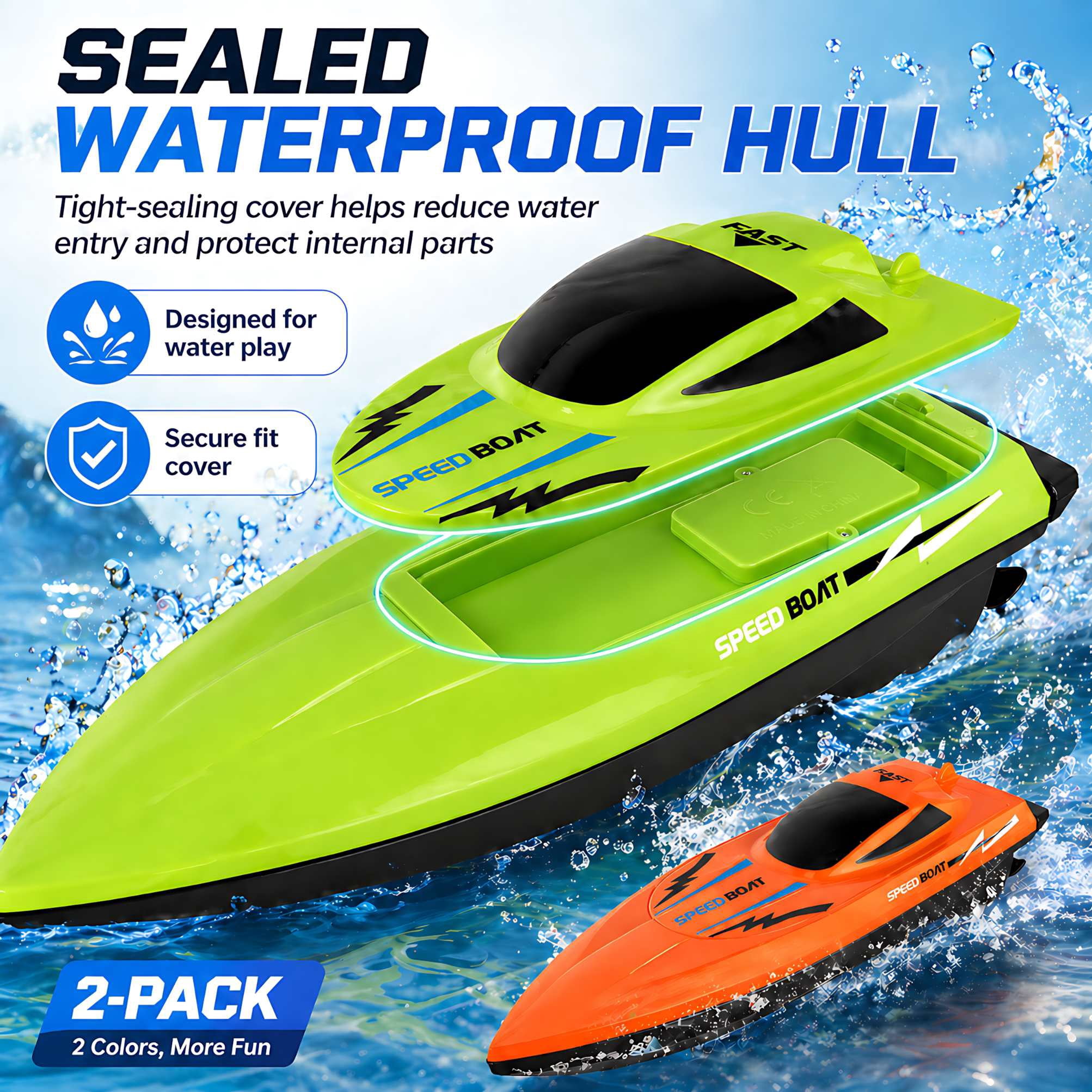 Remote Control Boat 2-Pack, 2.4G Dual Motor Speedboats for Pools and Lakes, Waterproof Outdoor Water Toy for Kids Age 6+, Orange & Green