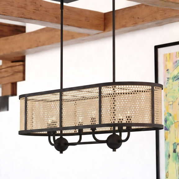 Berens 6L Matte Black Farmhouse Linear Chandelier Island Pendant Light Fixture Rattan Cane
