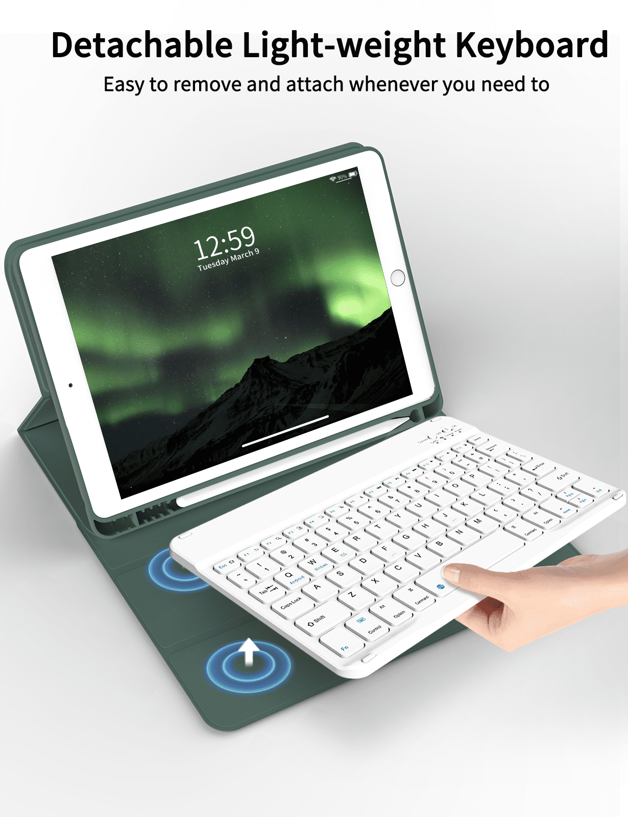 Aoub Keyboard Case for iPad 6th / 5th Generation 2018/2017 9.7 Inch, iPad Air / Air 2, Magnetic Detachable Wireless Bluetooth Folio Stand Rechargeable Keyboard Cover with Pencil Holder, Dark Green