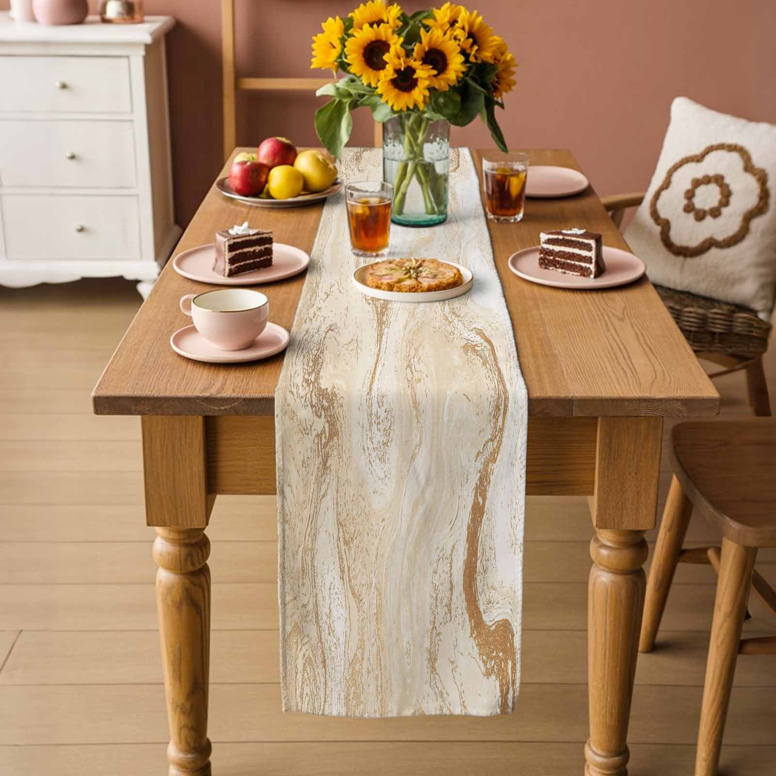 Beige Marble Table Runner, Chic Neutral Minimalist Fluid Aesthetic Washable Cotton Linen Table Runners 72 Inches Long, Dresser Scarf Runner for Dining/Coffee/Kitchen/TV Stands/Cabinets 13''x72''