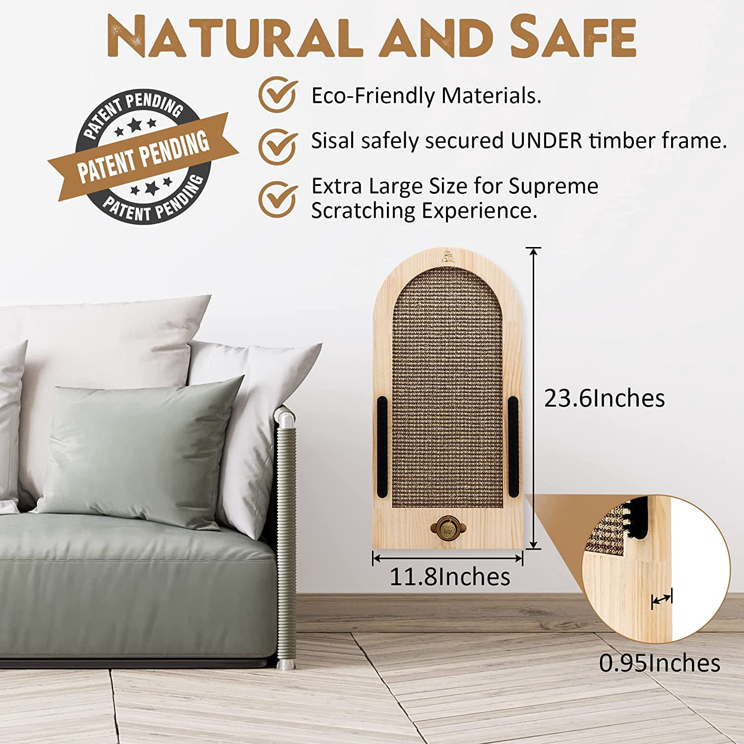 Large Wall-Mounted  Scratching Post with Natural Sisal Mat, Boar Bristle Brushes & Catnip Ball for Indoor Cats