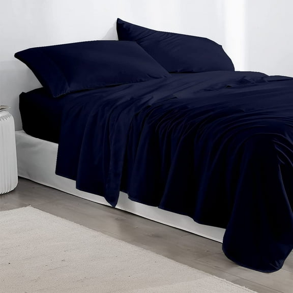 4 Piece King Size Sheet Set- 100% Cotton 400 Thread Count Sheet Set- Navy Blue Solid - Luxurious Bedding