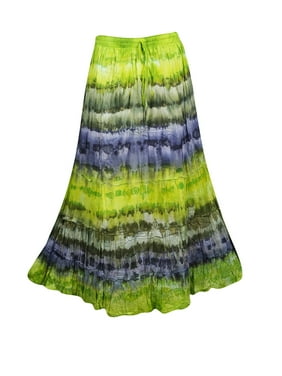 Mogul Women Green Tie Dye Cotton Long Skirt Tiered Boho Chic Gypsy Maxi Skirts