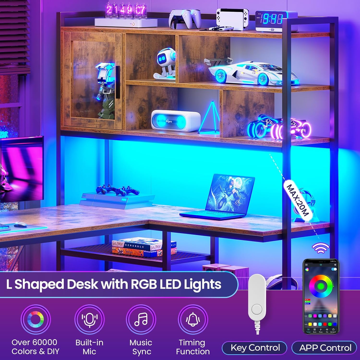 L-Shaped Desk with LED Lights & Hutch, Reversible Corner Computer Desk with Storage Shelves & Glass Cabinet, Writing Desk for Home Study, Rustic Brown