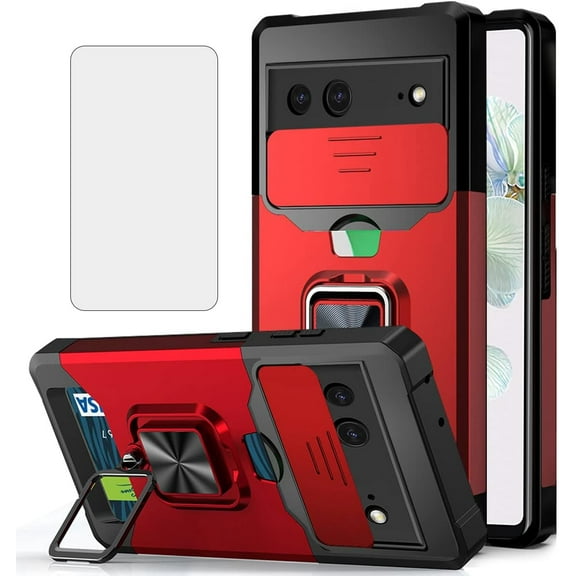 Design for Google Pixel 7 Phone Case with Screen Protector Card Holder Stand Kickstand Heavy Duty Shockproof Hybrid Rugged Drop Protective Cover for pixel7 google7 Women Girls 6.3 inch Red