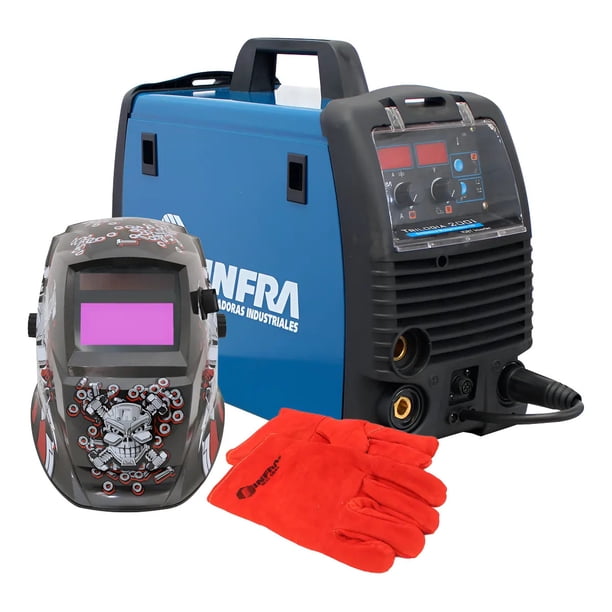Kit Soldador INFRA Trilogía 200i incluye Careta Econoline Black Lacquer M1914A sombra DIN 4/9-13 y Guante INFRA rojo de carnaza gruesa, resistente y flexible.