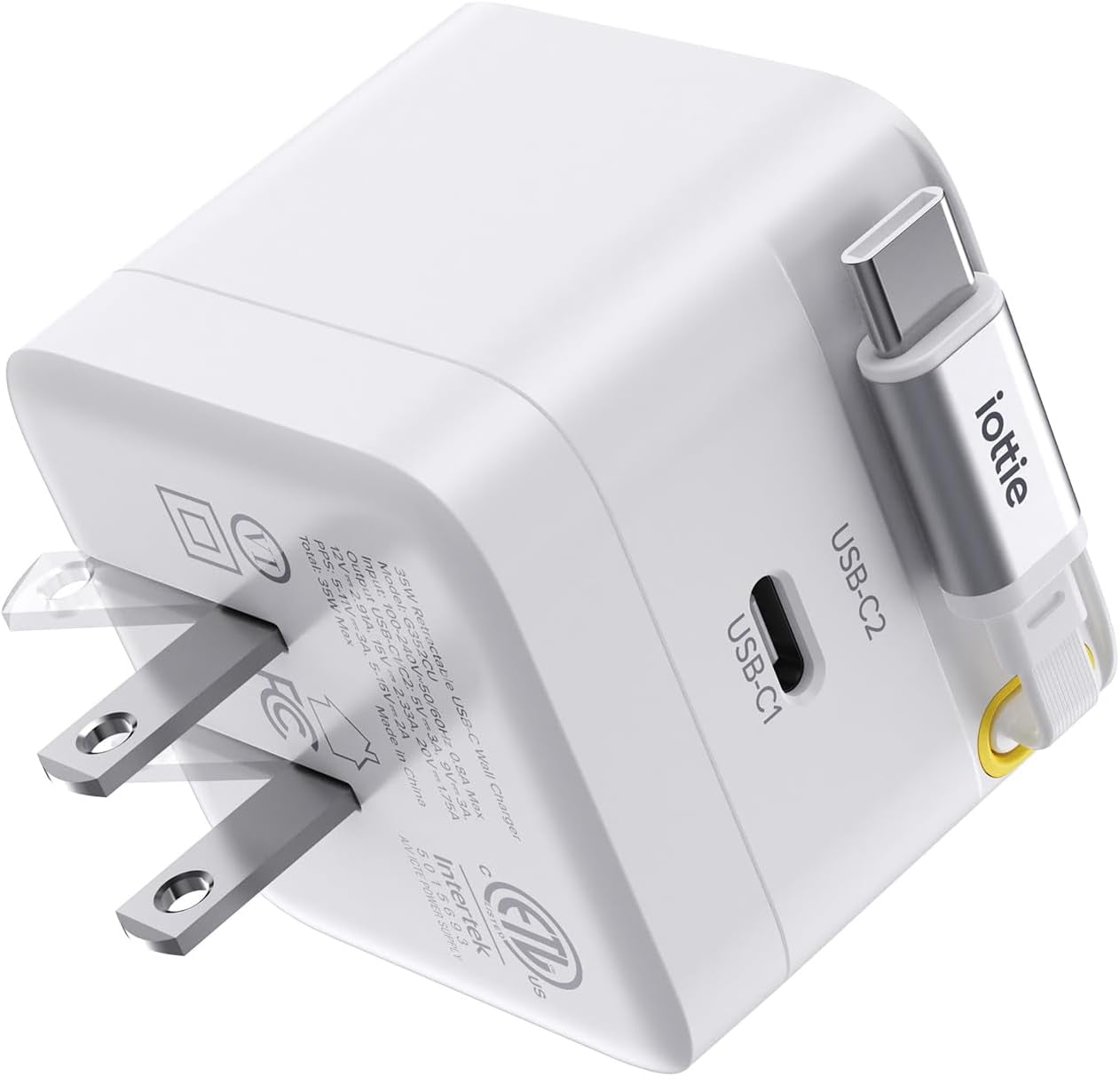 RGHJAR-Basix by iOttie 35W GaN Wall Charger with Built-in Retractable USB-C Cable and Extra USB-C Port, Dual Device Fast Charging, Compact Travel Charger with Folding Prongs