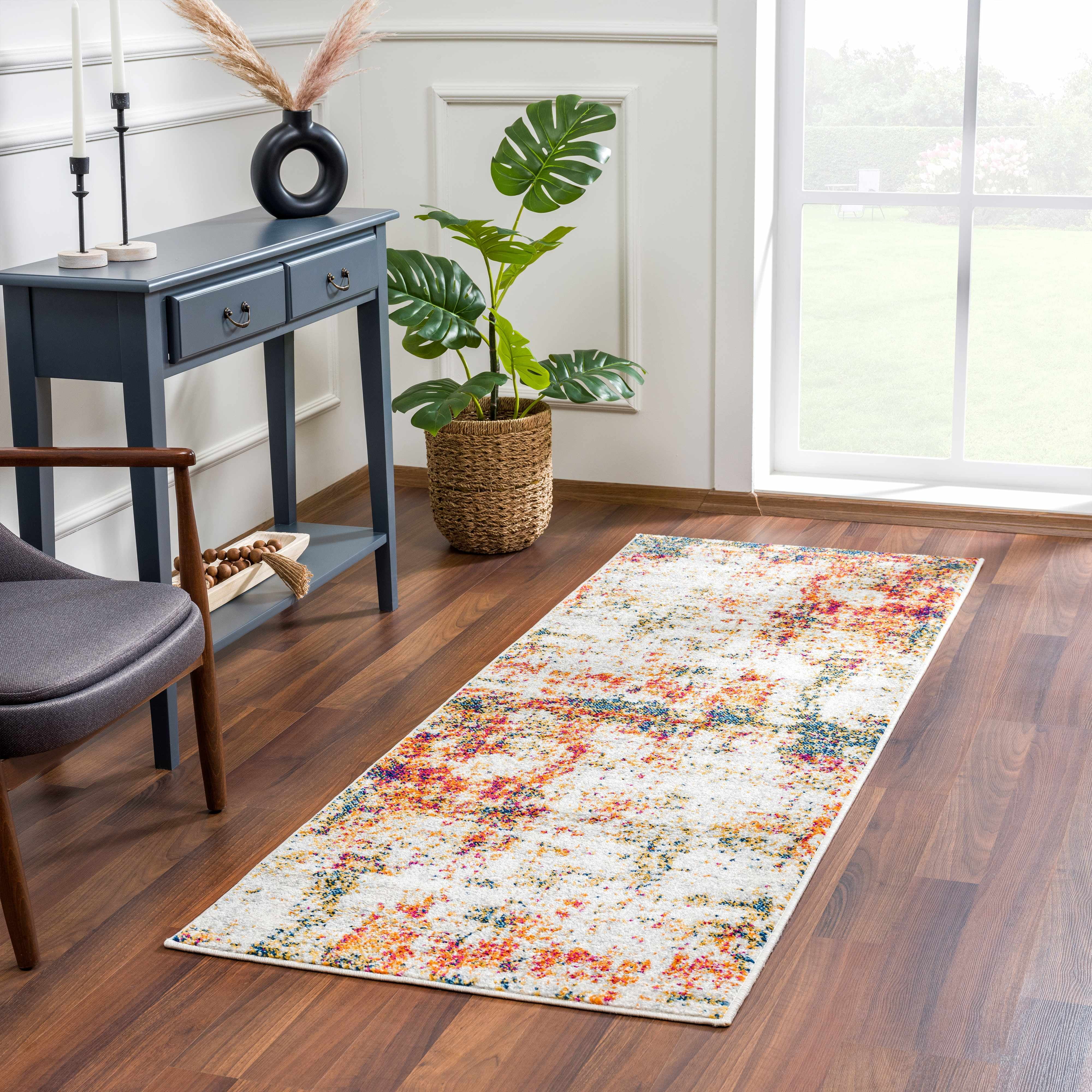 Hauteloom Istanbul Collection Modern Abstract Living Room Bedroom Large Area Rug - Colorful Contemporary Carpet - Beige, Orange, Red, Blue - 9' x 12'