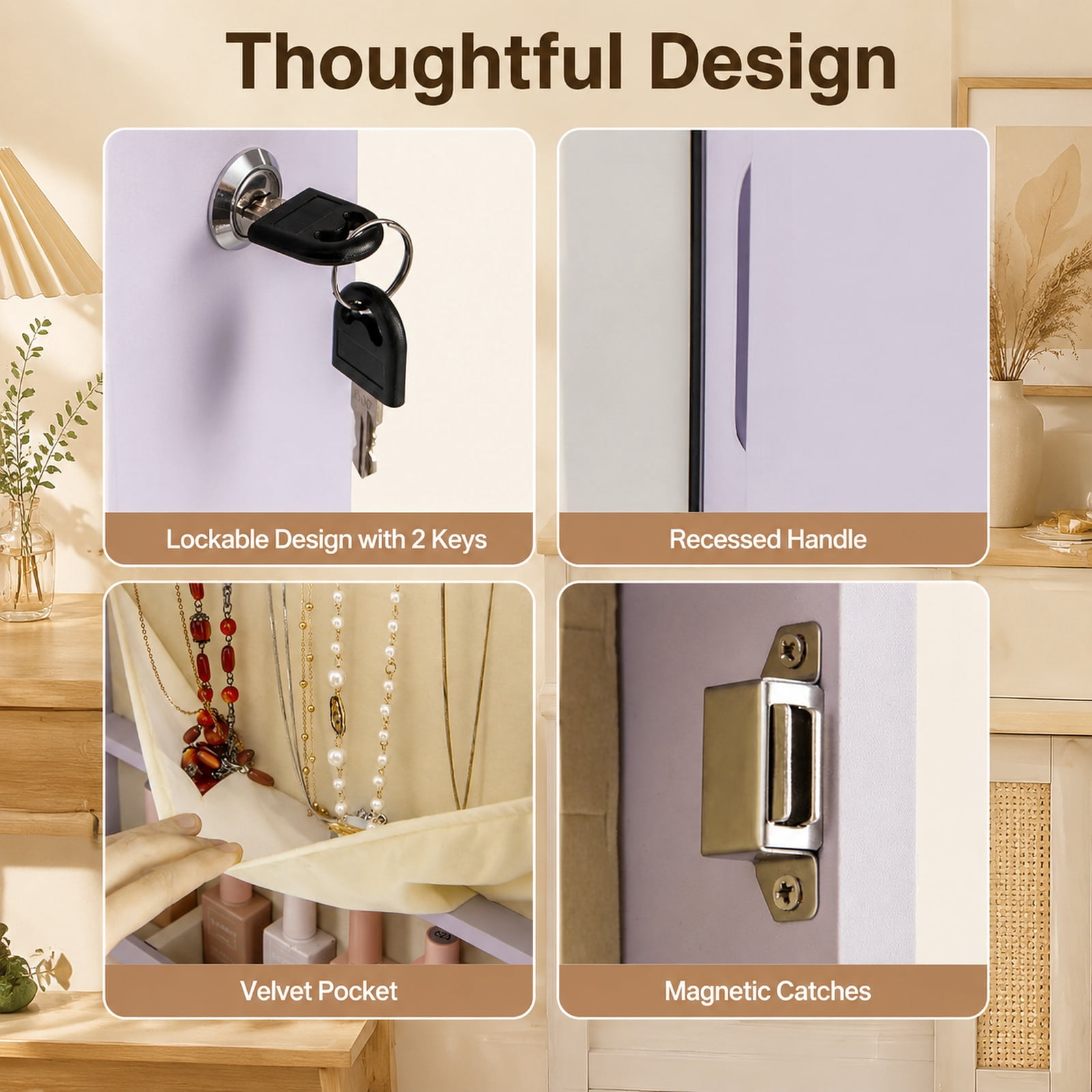 Furnibear Wall and Door Mounted Mirrored Jewelry Cabinet with Lights for Bedroom Dressing Room Jewelry Necklace Rings Storage Mirror, Purple