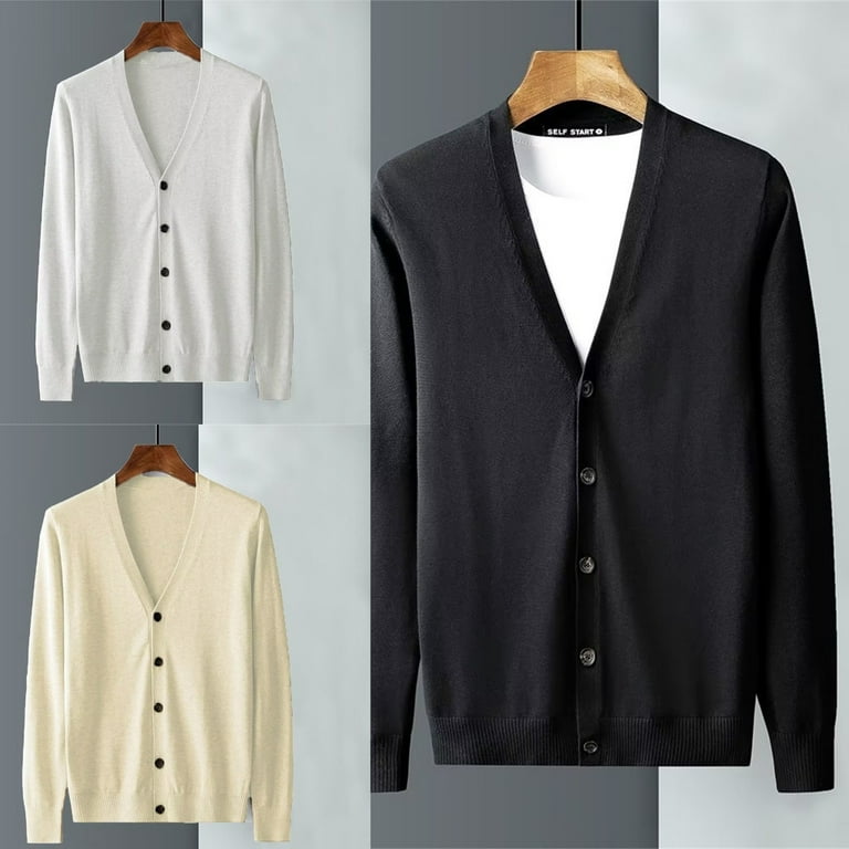 Mens Cable Knit Cardigan Sweater V-neck Loose Fit Long