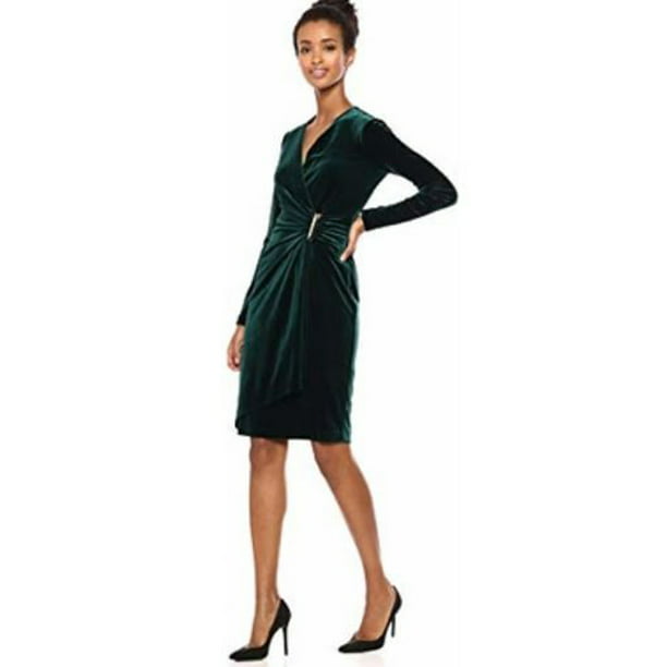 Calvin Klein Women's Velvet Long Sleeve Faux Wrap Dress, Hunter, 2 -  
