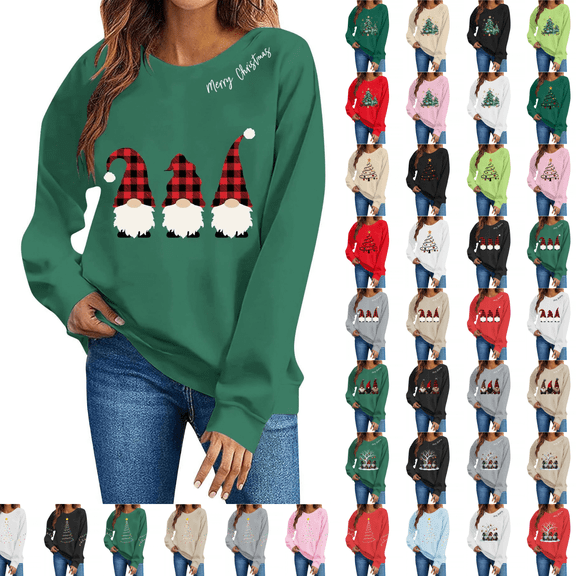 SimpleJoyi Womens Christmas Gnome Print Crewneck Long Sleeve Loose Fit Sweatshirt Top