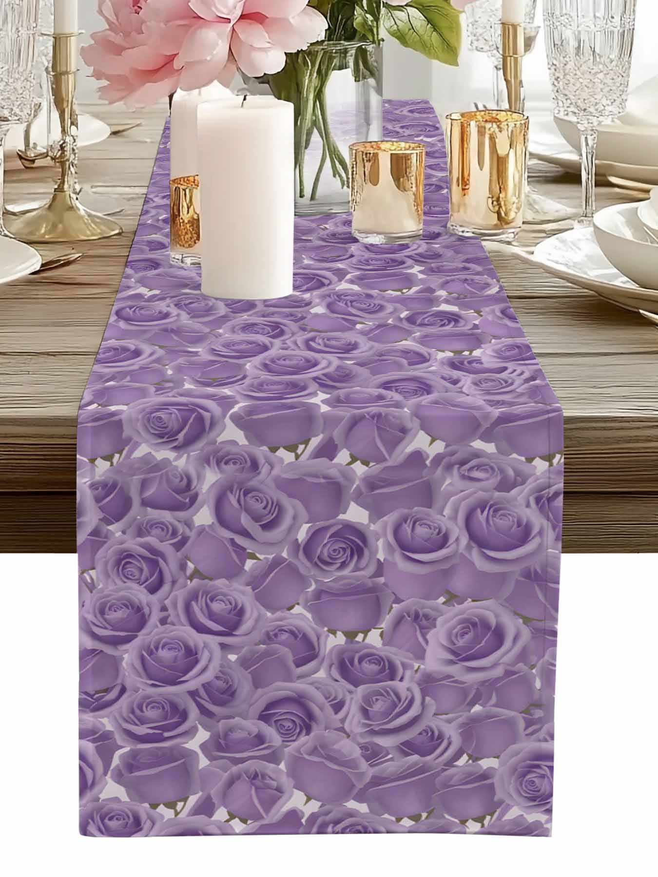 Purple Rose Table Runner, Valentine's Day Washable Cotton-linen Table Runners Dining Kitchen Decoration for Everyday Home Wedding Party Decor, 13 x 120 Inch