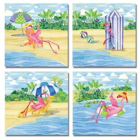 - Fun, Retro, Colorful Flamingo Tropical Vacation; Four 12X12 Poster Prints