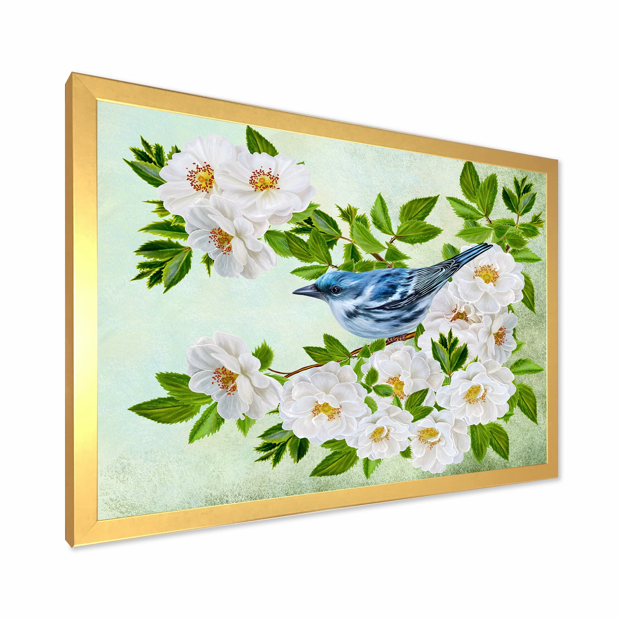 Designart 'Little Blue Bird Sitting On A Branch of White Rose Plant' Traditional Framed Art Print