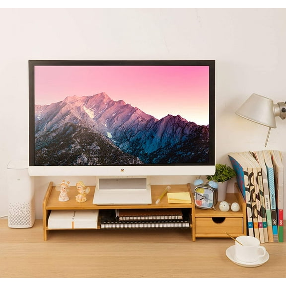Monitor Stand Riser Desk Organizer-Bamboo 2 Tier Laptop Stand With Drawers, Adjustable Desktop Storage Organizer For Computer, Printer, Cellphone-Use In Office,Home /Reduce Neck &Eye Strain(Basic)