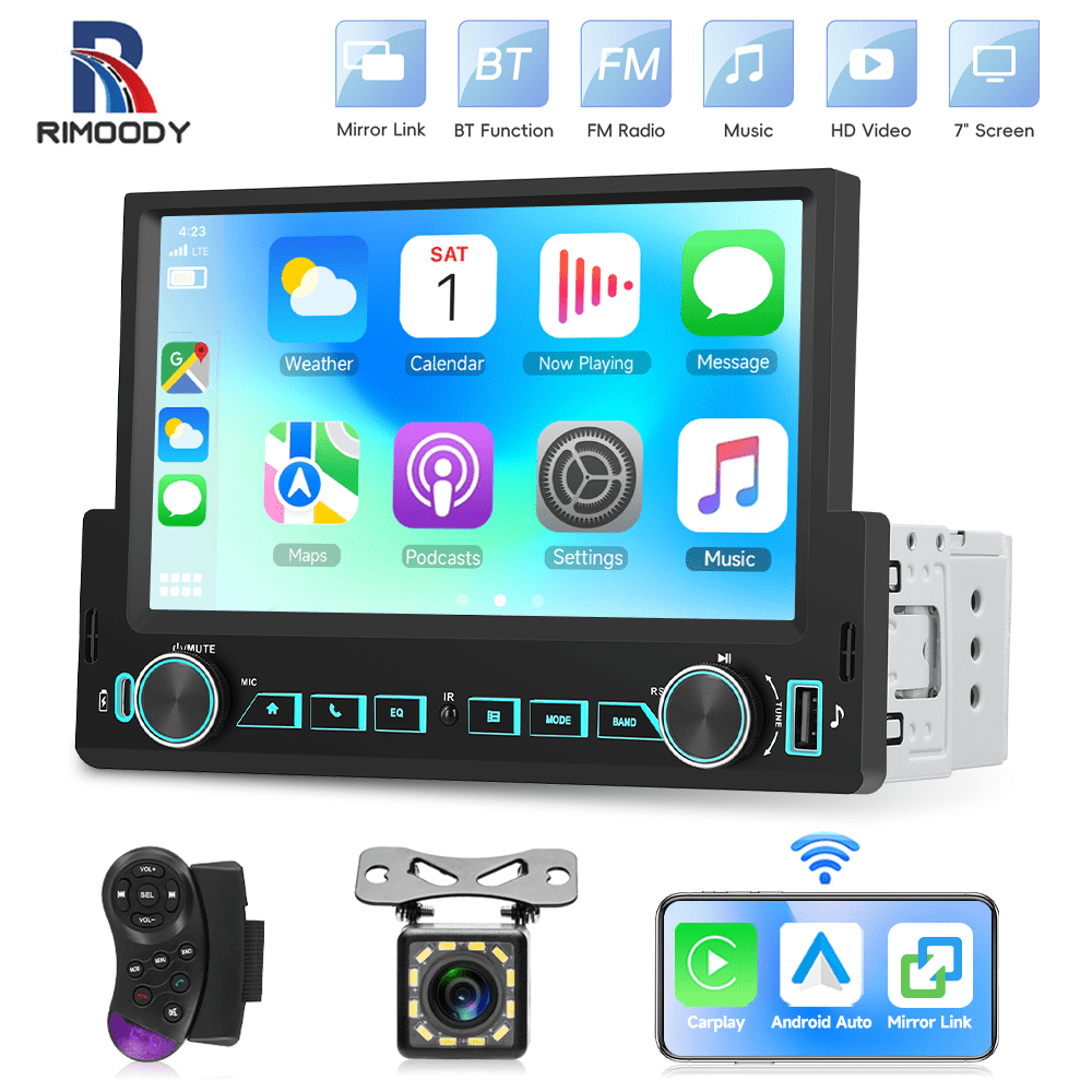 Rimoody 7 in Touch Screen Single Din Car Stereo Radio with Wireless CarPlay&Android Auto/Mirrolink+Backup Camera/SWC