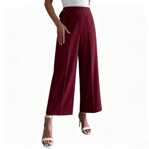 Cmfcve Women's Plus Size Elegant Side Tie Waist Work Office Trousers High Waisted Wide Leg Pants Business Casual Straight Leg Pants