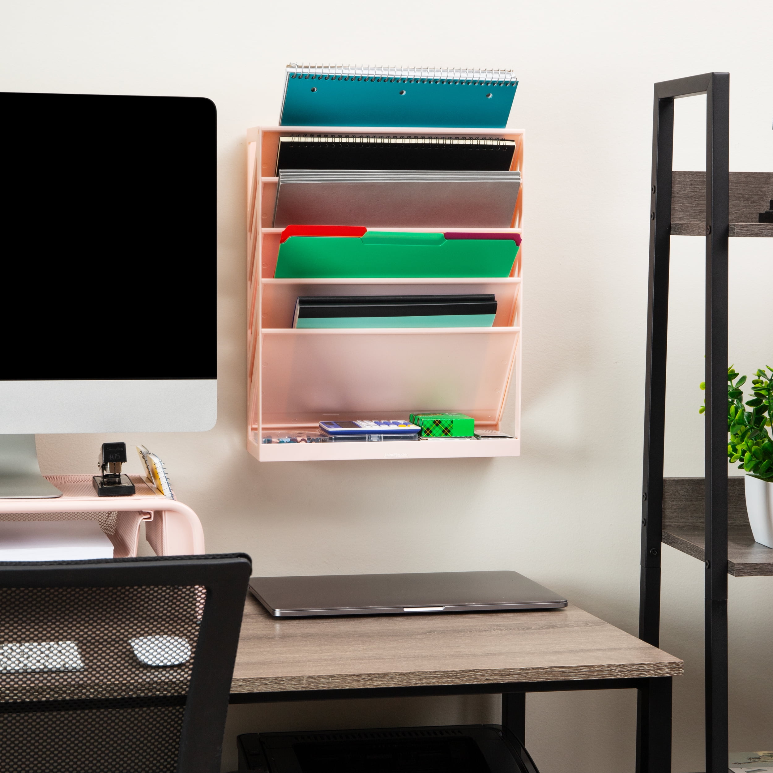 Mind Reader 5-Tier Vertical File Storage, Desktop Organizer, Wall Mount, Office, Plastic, 13"L x 4.25"W x 16"H, Pink