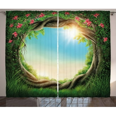 Ambesonne Tree Curtains 2 Panel Set, Enchanted Forest in Spring, 108" x 96", Green Pink Cocoa