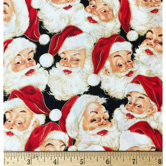 1 Fat Quarter - Jolly Santa Christmas on Black Laurie Cook Cotton Fabric - 21" X 18"