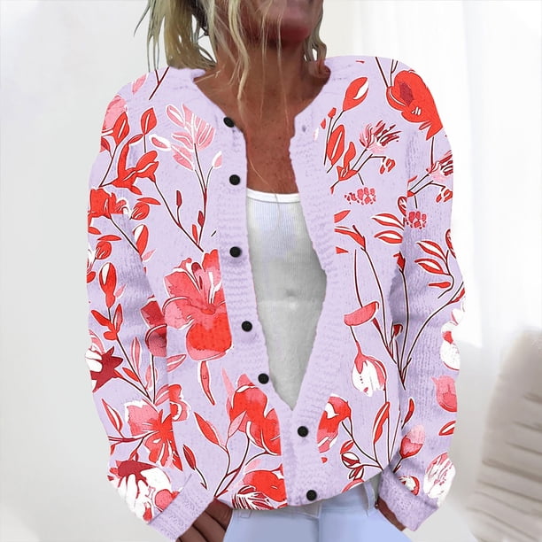 Cárdigan informal de punto con estampado floral para mujer, chaqueta abotonada y abrigo superior para mujer