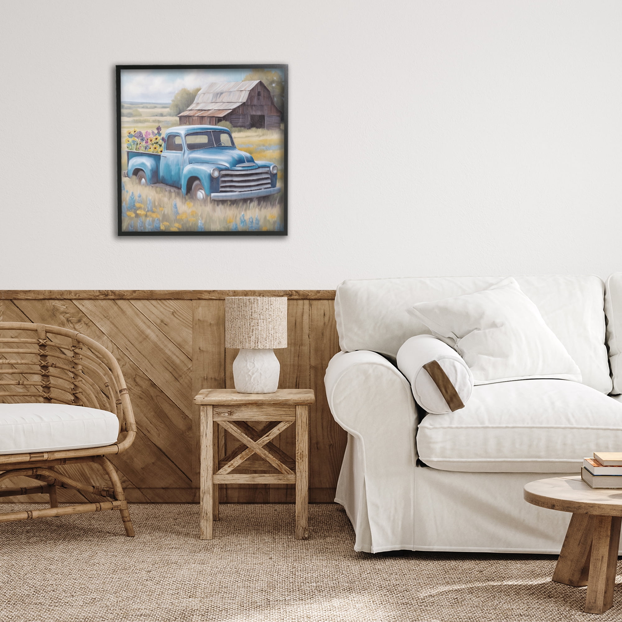 Stupell Industries Flower Truck in Antique Blue Black Framed Giclee Art, design by Kim Allen