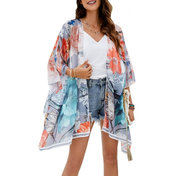 Swimsuit Cover Up for Women Floral Chiffon Kimono Cardigans Bathing