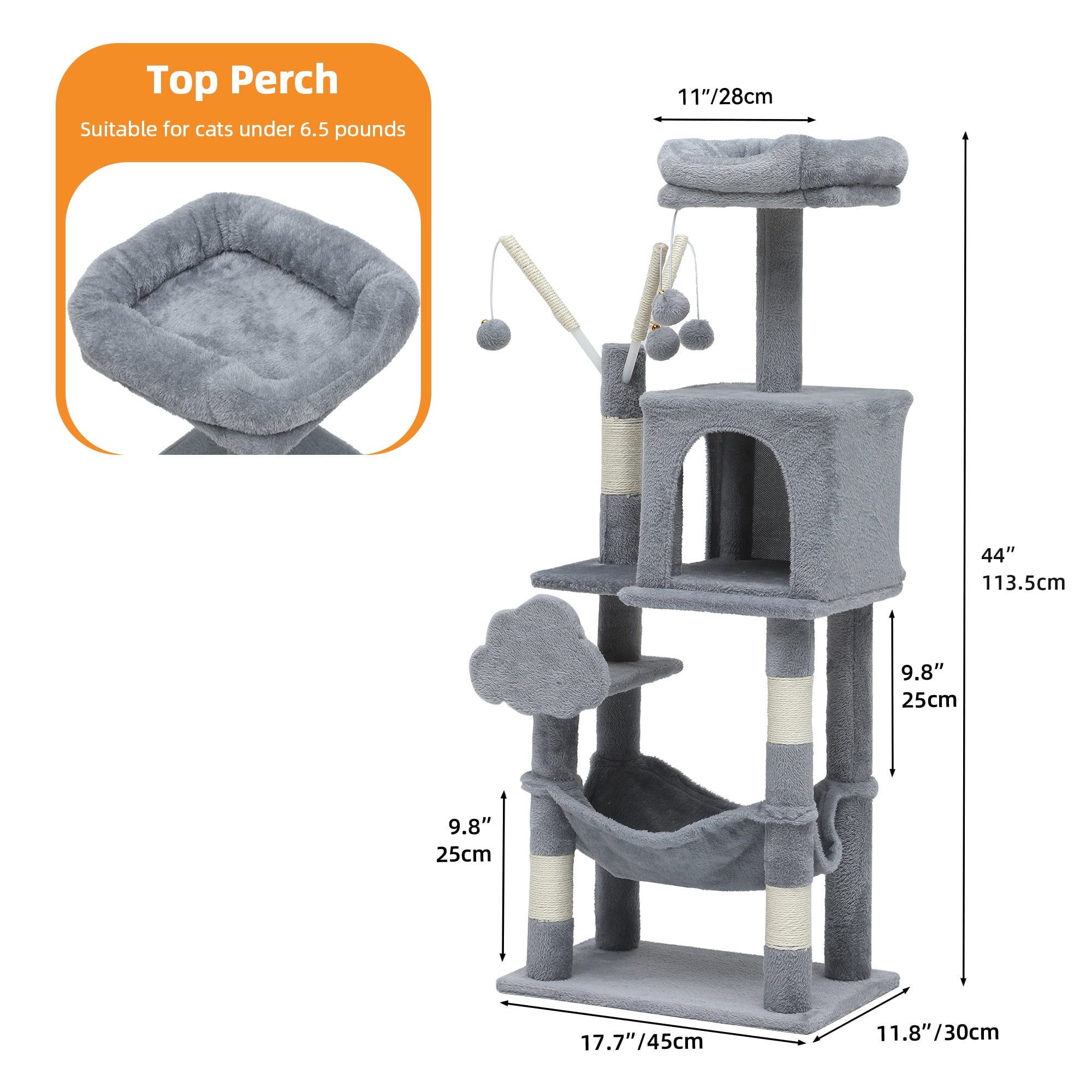 Uforic 44" Cat Tree Condo with Scratching Posts & Hammock, Indoor Pet Play Center, Light Gray