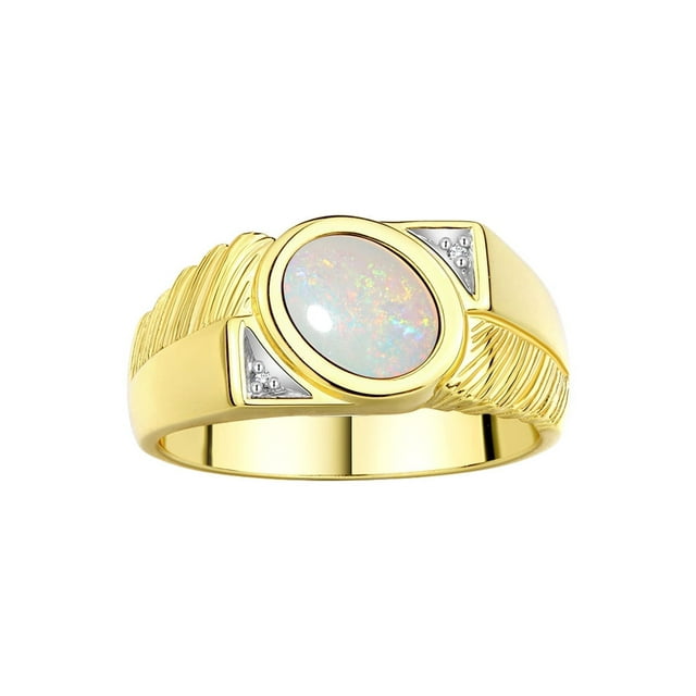 RYLOS Men's Rings 14K Yellow Gold Cabochone Gemstone & Diamond Designer Opal Rings For Men Size 9
