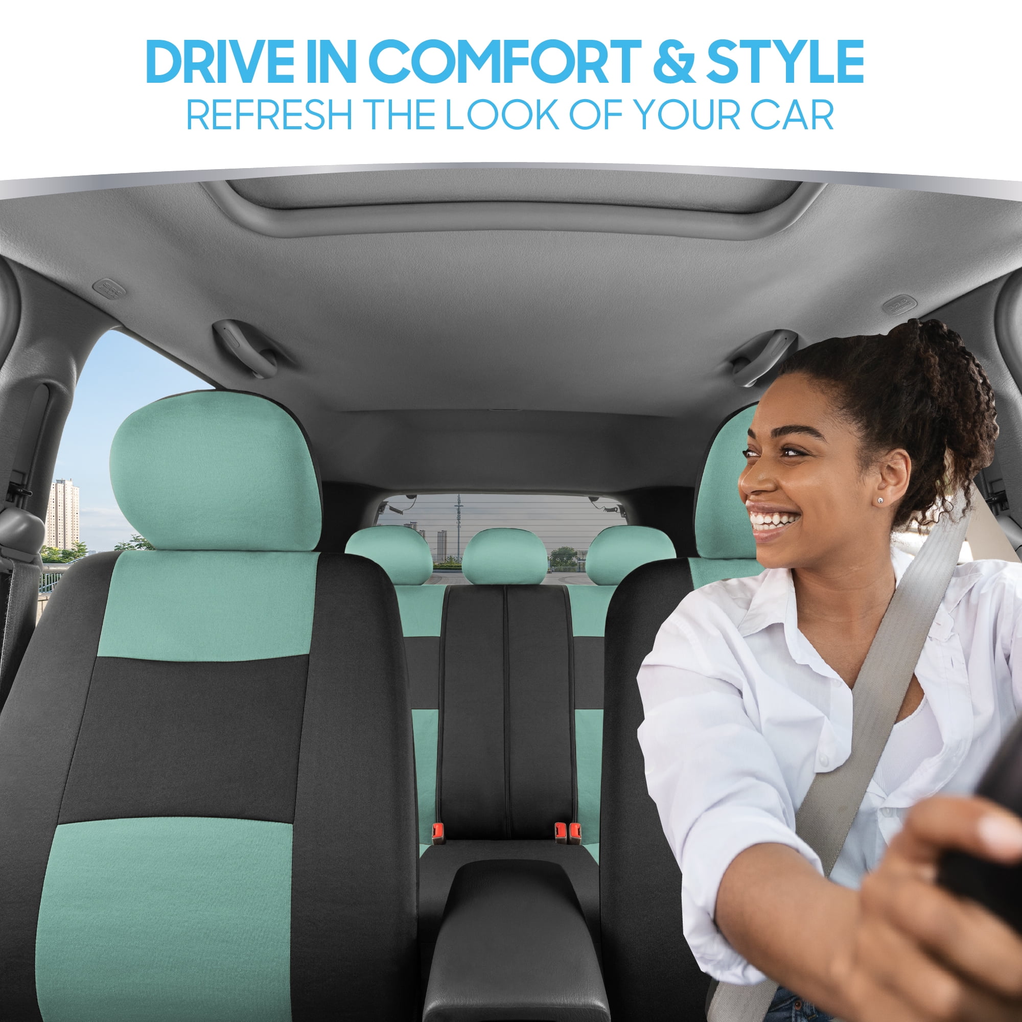 BDK PolyPro Mint Car Seat Covers for Women Gift Set Bundle - Seat Covers for Cars with Carpet Floor Mats, Fur Steering Wheel Cover and Bling Windshield Sunshade