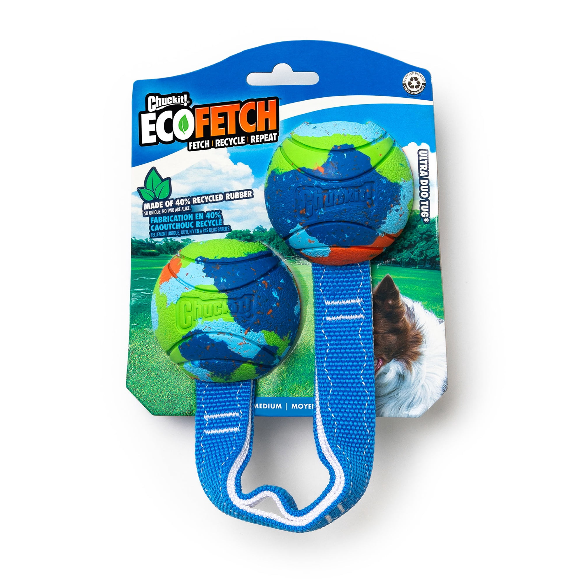 Chuckit! EcoFetch Ultra Duo Tug Recycled Rubber Dog Ball Fetch Toy for Dogs, Medium 2.5" for Pets 20 to 60 lbs, Pack of 1