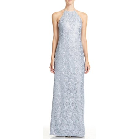 Halston Womens Lace Metallic Evening Dress Blue 8