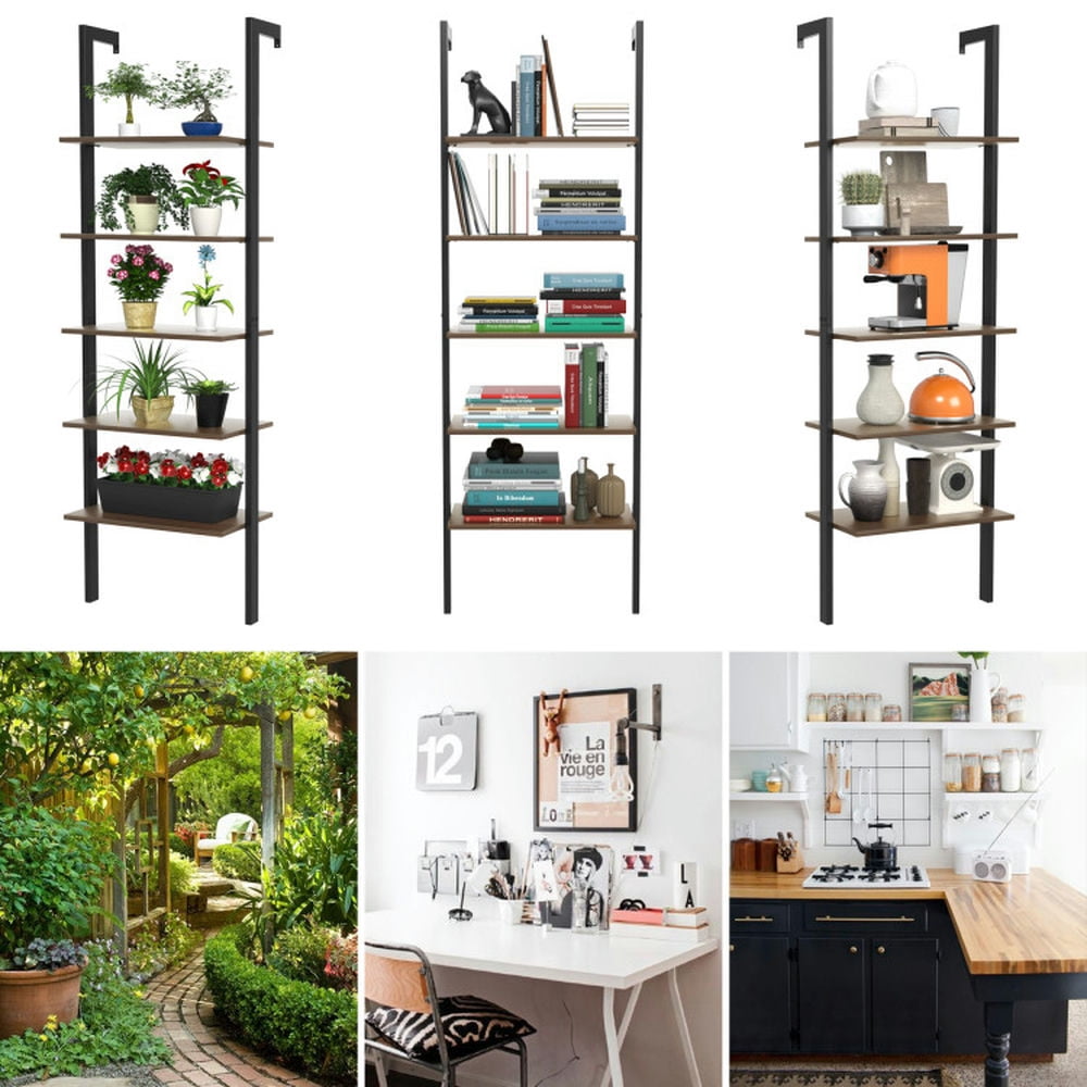 Demi Bonn 5-Tier Wood Look Ladder Shelf with Metal Frame for Home, Multipurpose Open Bookshelf, Black