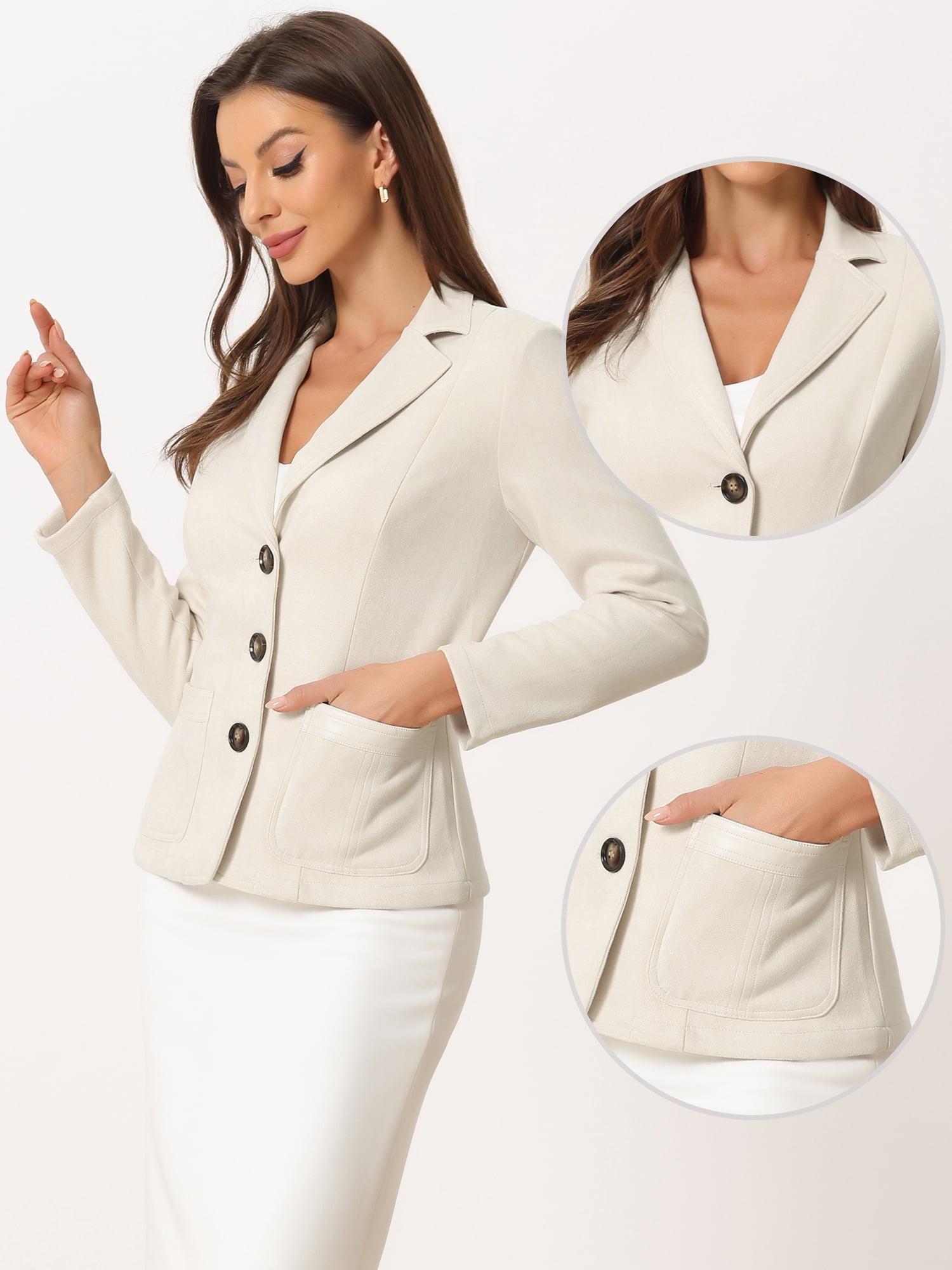 DARING DIVA Women's Faux Suede Lapel Collar Button Down Blazer XS Beige