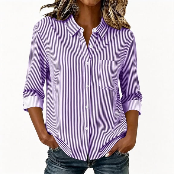 Sevevn Women's Striped Classic Collared Button Down Long Sleeve Blouse with Chest Pocket Office Work Fall Tops