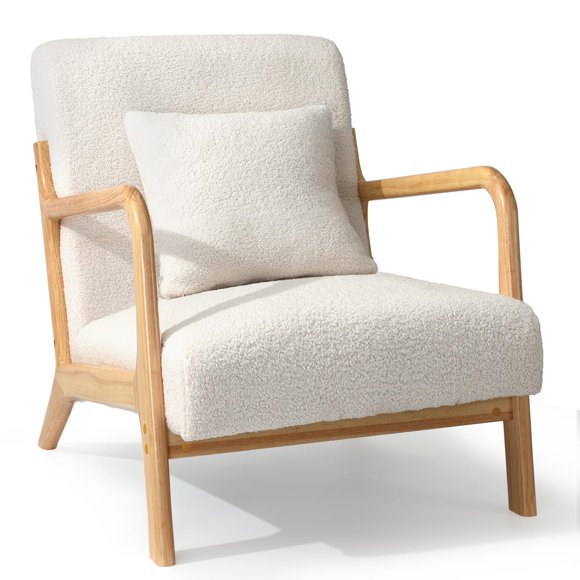 AECOJOY Accent Chair, Wooden Arm Chair Teddy Fabric Chair Upholstered Reading Chair Lounge Chair with Wooden Frame for Living Room Bedroom Sunroom, Teddy White