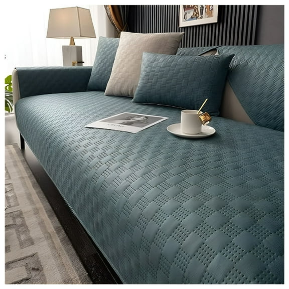 LAMIRO Luxury Water Resistant Quilted Sofa Cover Faux Suede Plaid Sectional Couch Cover Anti-Slip Sofa Slipcover for Dogs,Children,Green Couch Cover Pets Furniture Protector (Dark Green,28")