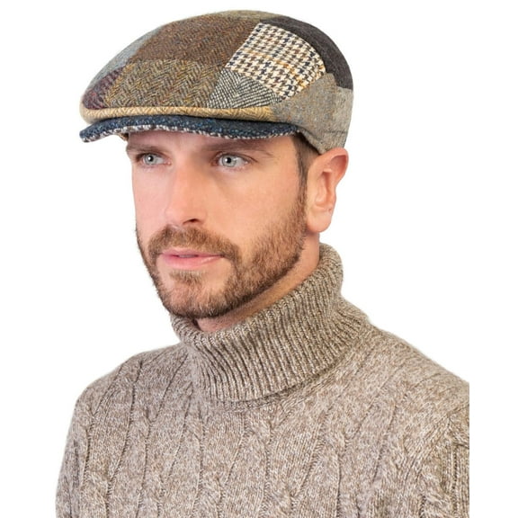Hanna Hats Donegal Tweed Vintage Patchwork Flat Driving Cap 100% Wool Handcrafted in Ireland