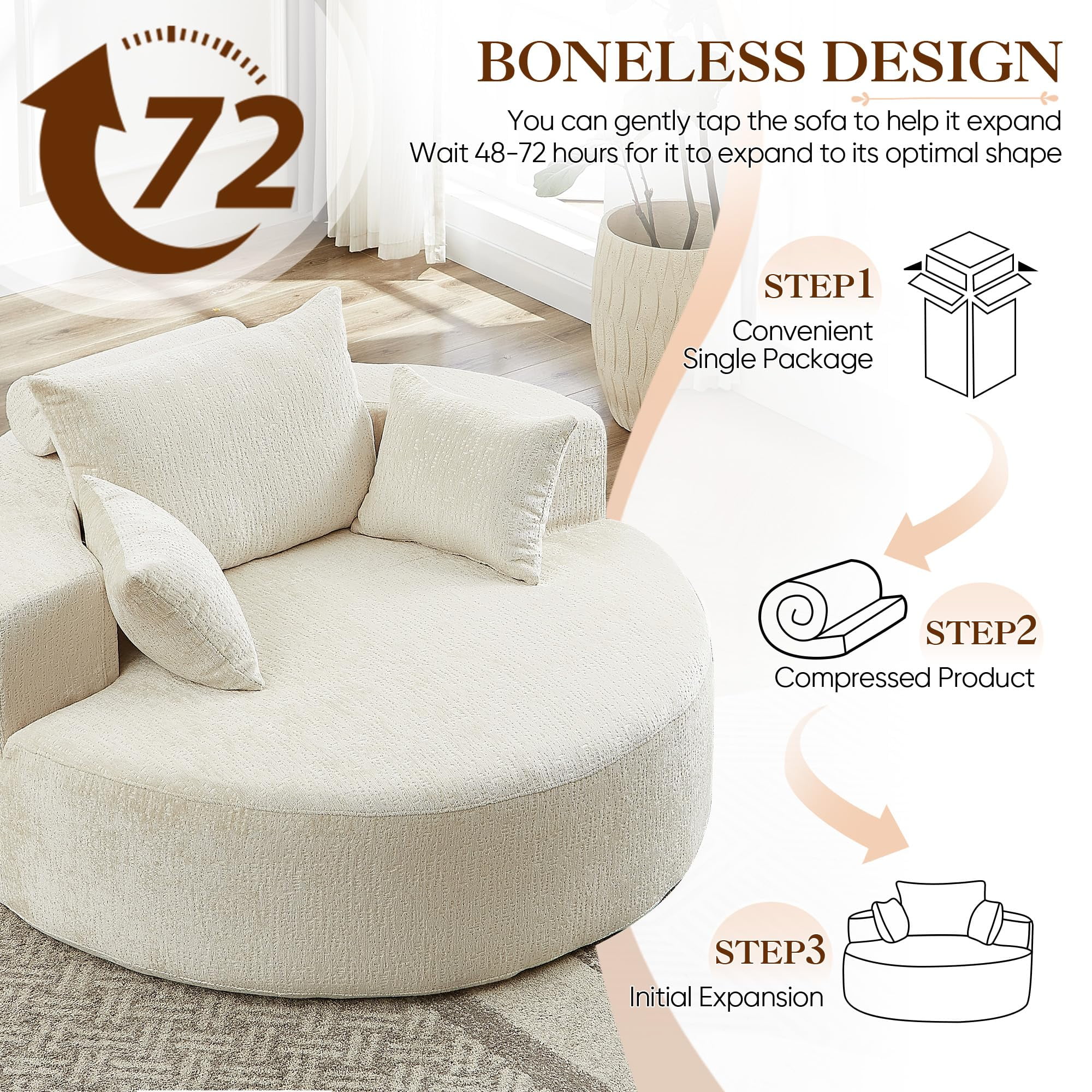 Aukfa 55" Oversized Chenille Chaise Lounge Chair Indoor, Round Boneless Sleeper Chair with Deep Seat & Pillows, Beige