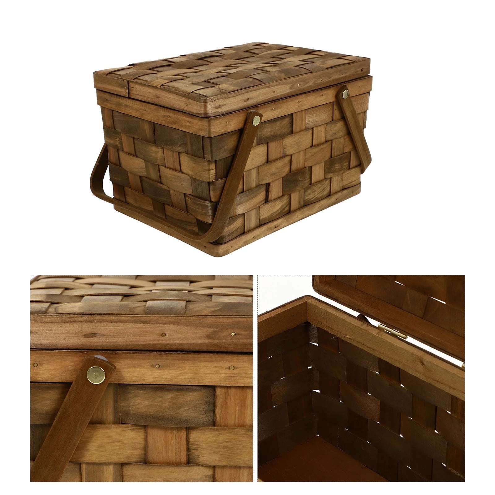 Clearance Ewgqwb Wood Chip Woven Picnic Basket With Lid For Storage Handle Basket Bread Display Basket Wedding Props Basket