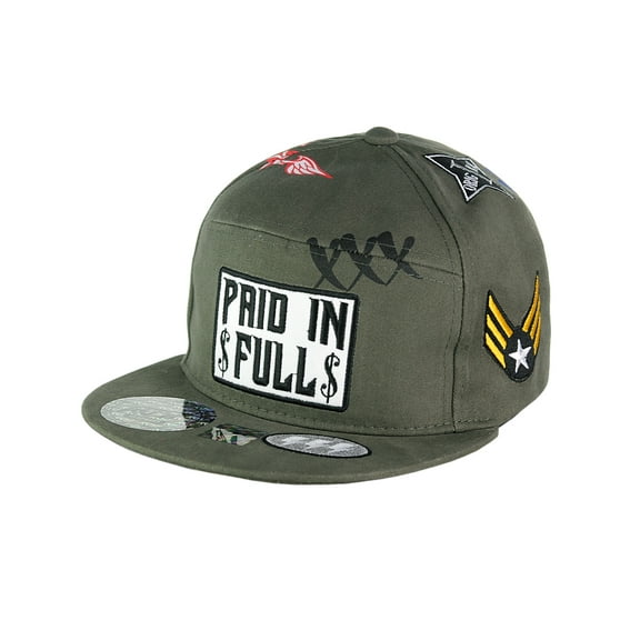 NYFASHION101 Embroidered Multi Emblem Flat Bill Adjustable Snapback Cap Hat, Olive